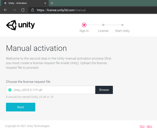 Unity3D manual license activation screenshot